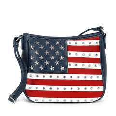 Front view of the Liberty Belle shoulder bag featuring a red white and blue American Flag design with silver studs and stones.