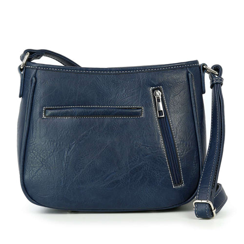 Back view of the blue vegan leather bag showing the secure vertical zip conceal-carry pocket and horizontal slip pocket.