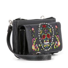 Colorful sugar skull petite crossbody bag with 22L adjustable strap.