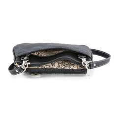 Compact crossbody purse with faux leather and multi-pocket interior.