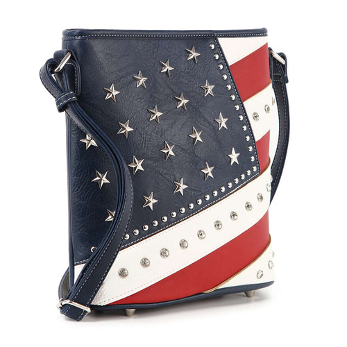 Patriotic American Flag Studded Crossbody Bag – Vegan Leather USA Sling Purse with Conceal Carry Pocket