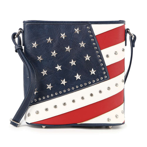 Patriotic American Flag Studded Crossbody Bag – Vegan Leather USA Sling Purse with Conceal Carry Pocket
