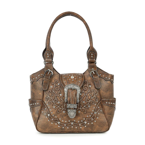 Front view of The Desert Rose brown vegan leather shoulder bag featuring intricate Western embroidery and a large silver buckle.