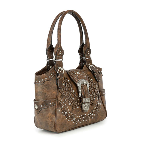 Side profile of the Desert Rose handbag highlighting the dual slip pockets and silver hardware accents.