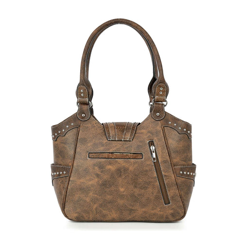 Back view of the Western shoulder bag showing the secure dual-zip conceal-carry pocket in premium brown vegan leather.