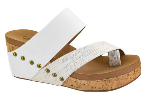 Corkys Bashful White Wedge Sandals – Soft Memory Foam, Vegan Leather, 2.5" Heel, Chic & Comfortable