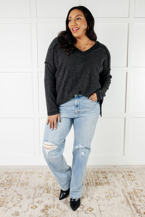 Basically Freezing Brushed Hacci Top – Cozy Ribbed V-Neck High Low Hem Zenana Pullover