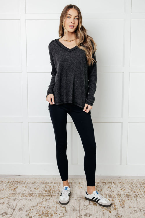 Basically Freezing Brushed Hacci Top – Cozy Ribbed V-Neck High Low Hem Zenana Pullover