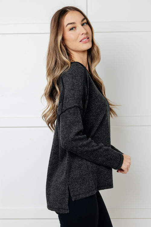 Basically Freezing Brushed Hacci Top – Cozy Ribbed V-Neck High Low Hem Zenana Pullover