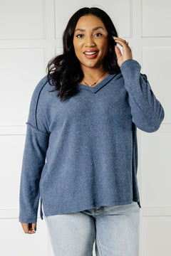 Basically Freezing Brushed Hacci Top – Cozy Ribbed V-Neck High Low Hem Zenana Pullover in Dusty Blue