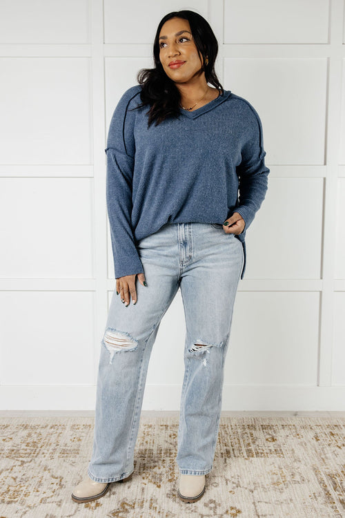 Basically Freezing Brushed Hacci Top – Cozy Ribbed V-Neck High Low Hem Zenana Pullover in Dusty Blue