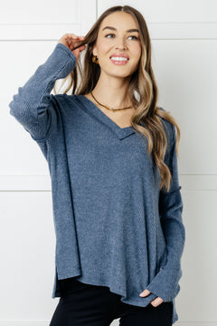 Basically Freezing Brushed Hacci Top – Cozy Ribbed V-Neck High Low Hem Zenana Pullover in Dusty Blue