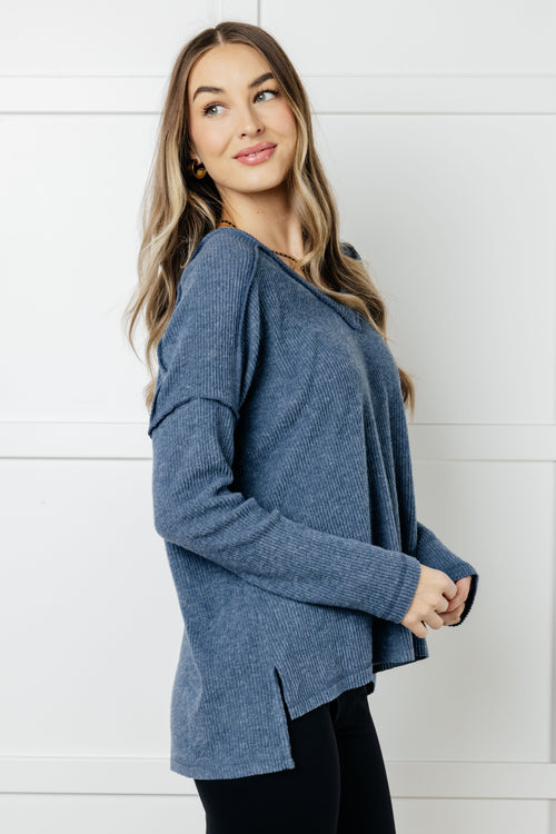 Basically Freezing Brushed Hacci Top – Cozy Ribbed V-Neck High Low Hem Zenana Pullover in Dusty Blue