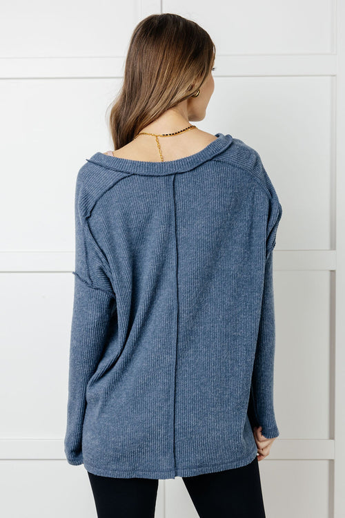 Basically Freezing Brushed Hacci Top – Cozy Ribbed V-Neck High Low Hem Zenana Pullover in Dusty Blue