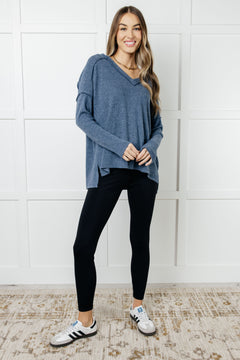 Basically Freezing Brushed Hacci Top – Cozy Ribbed V-Neck High Low Hem Zenana Pullover in Dusty Blue