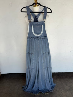 Blakeley Stretchy Tiered Denim Overalls with Lace Trim