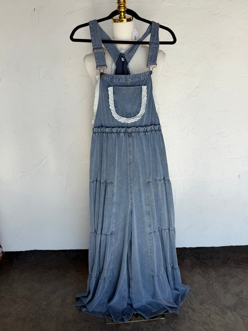 Blakeley Stretchy Tiered Denim Overalls with Lace Trim