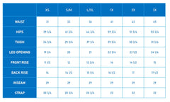 Official size chart for the Coast Barrel Overalls measurements for XS through 3X.