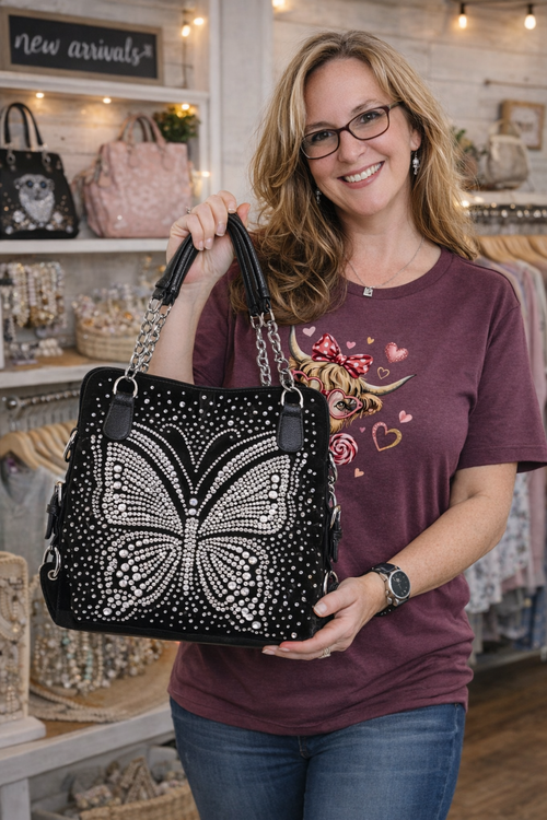 Dazzling Rhinestone Butterfly Shoulder Bag - Black Vegan Leather