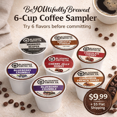 Blackout Coffee Co. 6-Cup Coffee Sampler with various flavors on a light background.