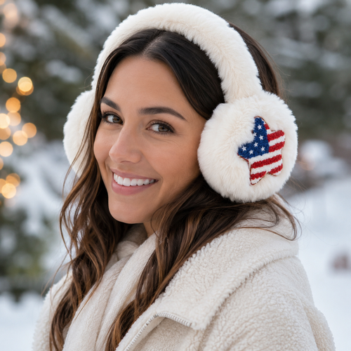 Woman wearing cream faux fur earmuffs with an American flag star patch