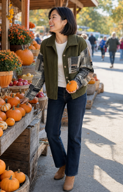 A woman stands at an outdoor autumn market next to a pumpkin stand, wearing an olive green corduroy jacket with patterned knit sleeves, dark blue jeans, and tan ankle boots.