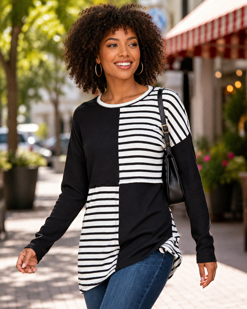 Easy Rhythm Stripe Contrast Pullover Top