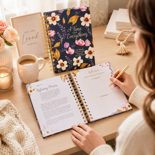 Person using a floral planner with a cup of coffee and candles on a table.