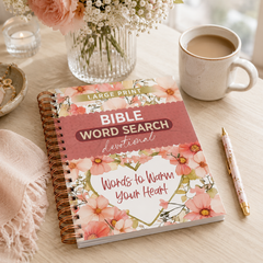 Bible Word Search devotional book on a table with flowers and coffee