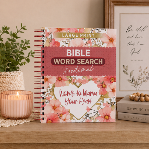 Bible Word Search devotional book with floral design on a table with a candle and plant.