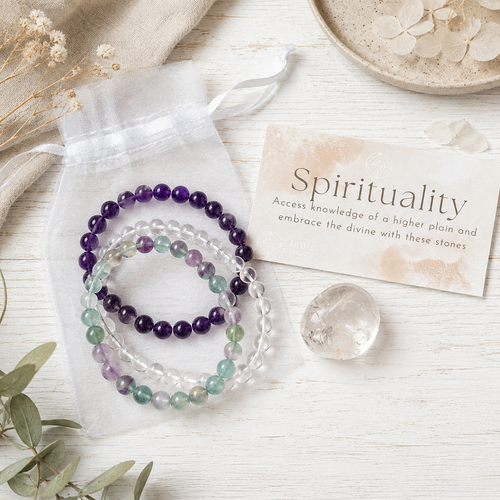 Set of beaded bracelets in a clear drawstring bag with a card labeled 'Spirituality' on a light wooden surface.