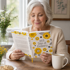 Woman reading a book titled '365 Days of Kindness' with a cup of coffee on a table.