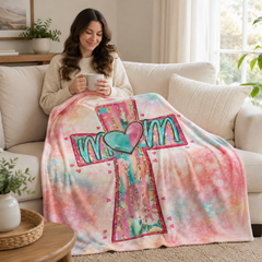 Mom Cross Heart Fleece Throw Blanket