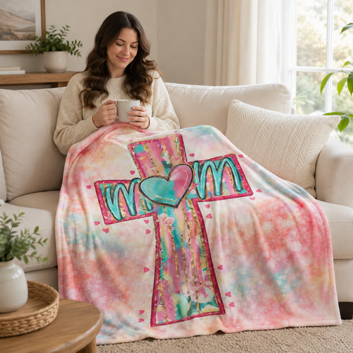 Mom Cross Heart Fleece Throw Blanket