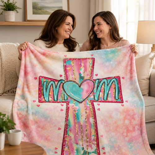 Mom Cross Heart Fleece Throw Blanket