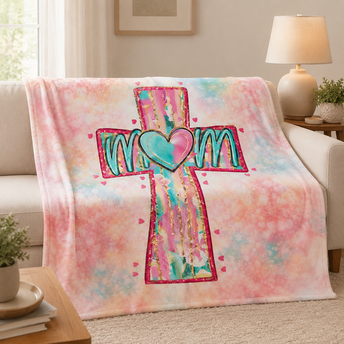 Mom Cross Heart Fleece Throw Blanket