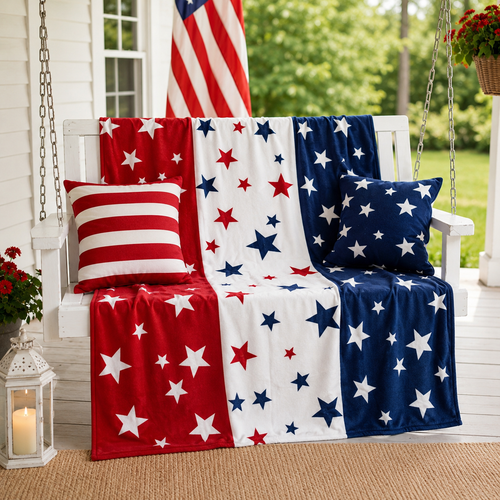 Patriotic red, white, and blue stars fleece throw blanket draped over a white porch swing with coordinating pillows, an American flag, and summer porch décor.