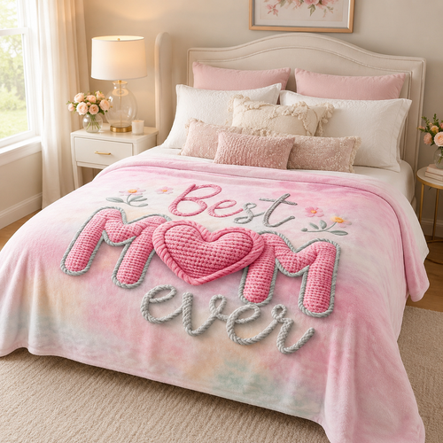 Best Mom Ever pink fleece throw blanket styled across a bed in a soft feminine bedroom with pink pillows, floral décor, and cozy neutral bedding.