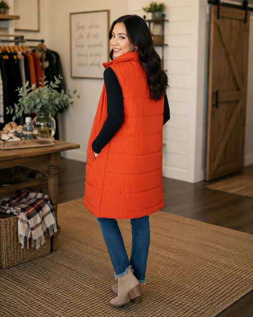 Harlow Long Puffer Vest – Pumpkin
