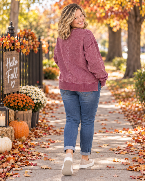 Plus Size Acid Wash Oversized Fleece Pullover – Mocha & Wine