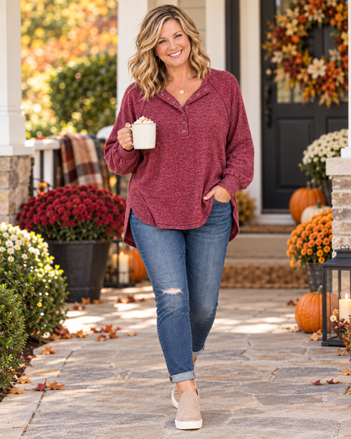Dark Burgundy Brushed Hacci Oversized Henley Sweater