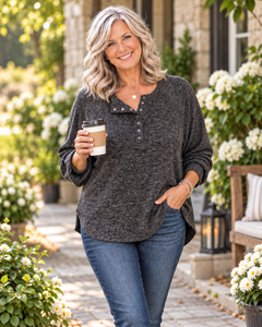 Dark Burgundy Brushed Hacci Oversized Henley Sweater