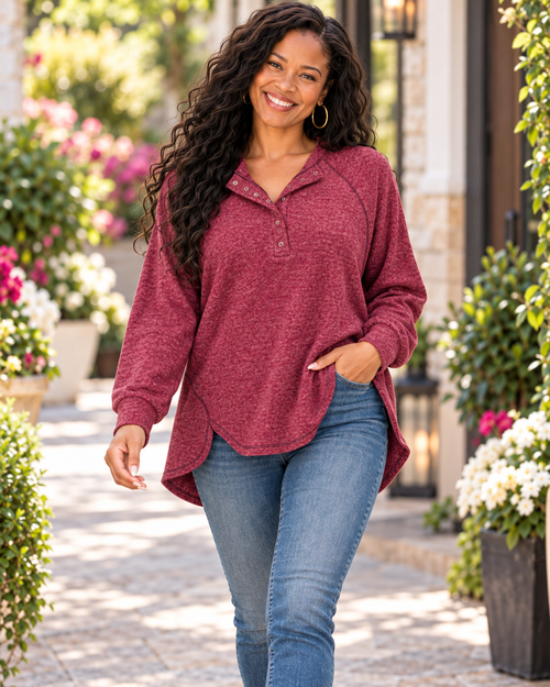 Dark Burgundy Brushed Hacci Oversized Henley Sweater