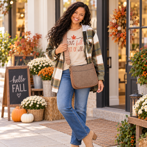 Model wearing brown denim crossbody bag with fall tee, plaid shacket, jeans, and ankle boots