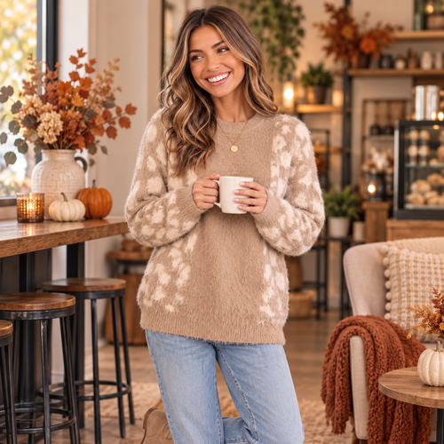 A woman stands in a cozy, autumn-themed indoor setting wearing a beige crewneck knit sweater with a cream floral pattern, paired with light blue jeans. She is holding a white mug.