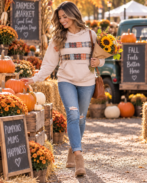 Patchwork Plaid Stripe Hoodie – Taupe