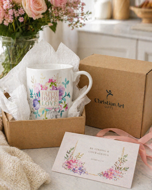 Mug White Floral Faith, Hope, Love