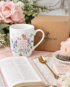 Mug White Floral Faith, Hope, Love