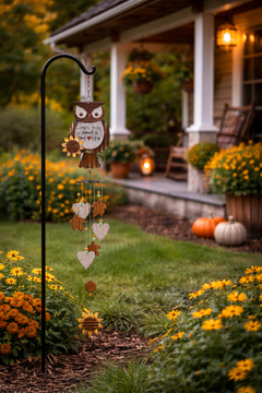 Rustic owl wind chime with hearts leaves and sunflower detail