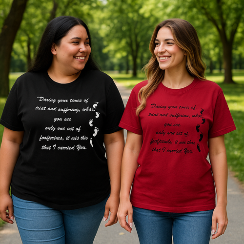 Two people wearing black and red t-shirts with text in a park.